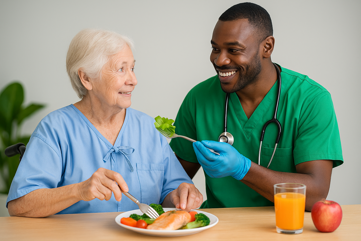 Professional caregiver providing nutrition support in Cook County home